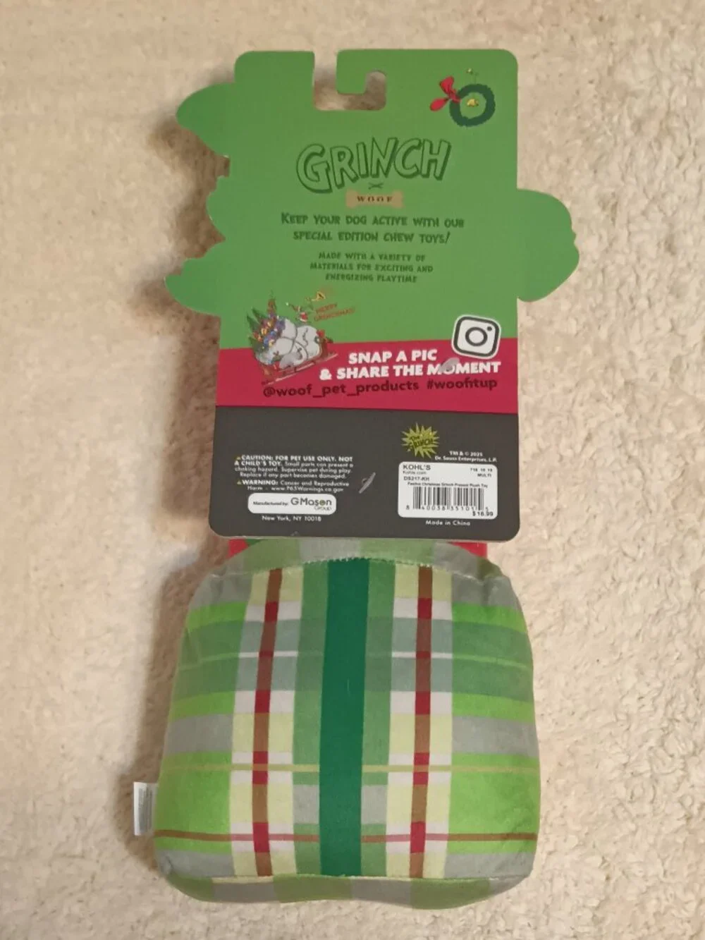 NWT ~ Woof Pet Products' Dr. Seuss Grinch Festive Present Squeaker Plush Pet Toy